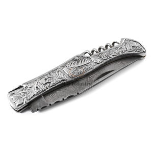 Couteau de poche Laguiole en acier Damas en gros DD-LK-WH512 avec manche en acier inoxydable gaufré et étui en cuir de vachette - Product Image 4