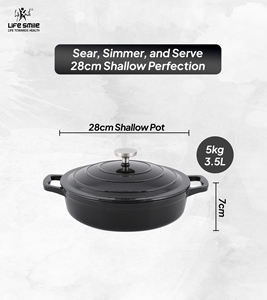 Casserole peu profonde en fonte avec couvercle, revêtement émaillé multicouche durable, distribution uniforme de la chaleur, compatible four et induction - Product Image 2