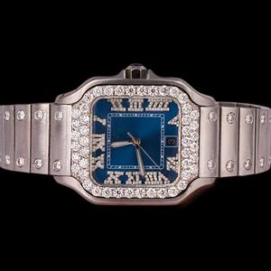 Hermoso Reloj de Pulsera Personalizado con Diamantes de Moissanita, Caja Cuadrada con Bisel, Color Azul, Números Romanos, Fecha Automática, Brillante - Product Image 1