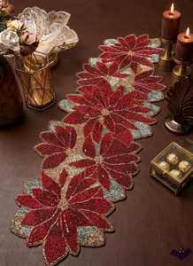 Handmade Beaded <b>Table</b> <b>Runner</b>, Red Floral Linen Decoration, Luxury Holiday Centerpiece - Product Image 3