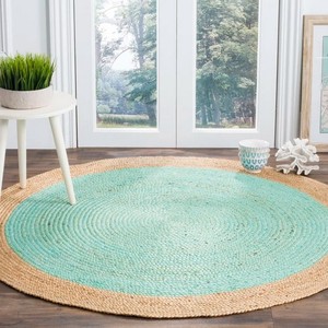 <b>Round</b> Bohemian Area <b>Rug</b> Teal Center Natural Jute Border Handcrafted Eco Friendly Flat Pile Living Room - Product Image 2