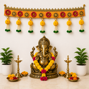 Traditional Handmade Orange Pink Toran Door Hanging with Yellow Pom Pom Pearl Tassels Gold Embroidery Indian Festive Decor - Product Image 1