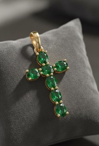 SARVOTTAM 14KT Gold Cross <b>Pendant</b> with Lab Grown <b>Emerald</b> IGI Certified Prong Setting - Product Image 1