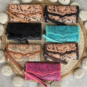2026 Fashion Women <b>Black</b> Tooled Genuine Leather Card Holder <b>Clutches</b> Large Capacity Wristlet <b>Purse</b> for Gifts & Daily Travel Use - Product Image 4