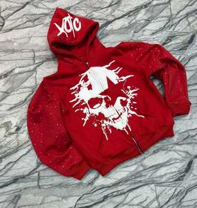 Sudadera con capucha y cremallera de estilo vintage personalizada para hombre y mujer con estampado gráfico frontal y trasero, estilo streetwear oversize. - Product Image 3
