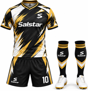 Conjunto de Uniforme de Fútbol para Hombre Salstar, Camiseta Negra con Estampado Geométrico Amarillo Sublimado, Manga Corta, Tejido Transpirable de Secado Rápido - Product Image 1