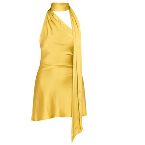 Vestido Mini Asimétrico Amarillo de Satén con Cuello Halter para Mujer, Sin Mangas, Ajustado, para Fiestas de Verano - Product Image 4