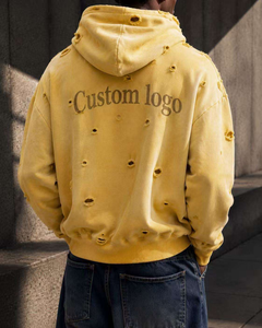 Yellow Oversized Hooded Sweatshirt <b>Men</b> 100% Cotton French Terry Washed Distressed Custom Logo Front Pocket Casual Eco-Friendly - Product Image 2