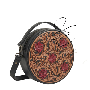 Bohemian Round Genuine Leather <b>Shoulder</b> Bag With Floral Tooling Red Flowers Black <b>Strap</b> Women's Crossbody Bag - Product Image 2