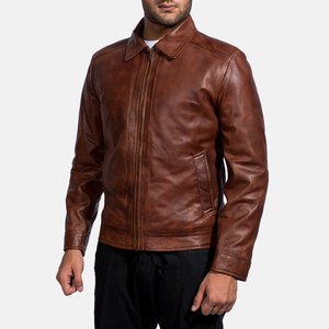 Veste en cuir véritable marron pour homme Relevo Mountain, col rabattu, fermeture éclair, style décontracté, coupe classique, automne - Product Image 3