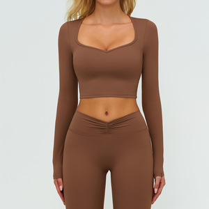 ชุดออกกำลังกายผู้หญิง เสื้อโยคะสีพื้นไร้ตะเข็บ แขนยาว เสื้อครอปออกกำลังกาย แห้งเร็ว ระบายอากาศ ชุดโยคะ - Product Image 1