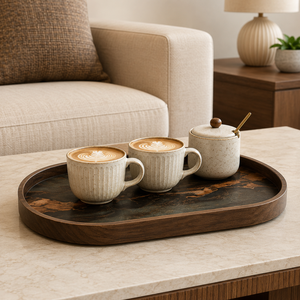 Plateau décoratif en verre organique de luxe avec cadre en bois |   Plateau décoratif artistique pour table basse, décoration d'intérieur - Product Image 3