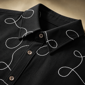 Stylish Men Black Cotton Embroidered Shirt Full Sleeve Casual Button <b>Down</b> Overshirt with Abstract Line Design - Product Image 2