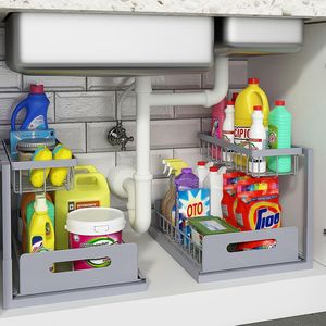 2-Tier Pull Out Slide Under-Sink Organizer <b>Kitchen</b> <b>Storage</b> Cabinet Shelves for Bathrooms and <b>Kitchens</b> - Product Image 1