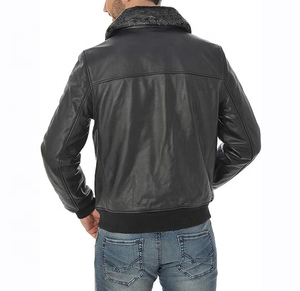 Trendy Men's Genuine Leather Jacket With Faux Fur Collar Zipper Closure Winter Moto Style Black Regular Fit Breathable - Product Image 3