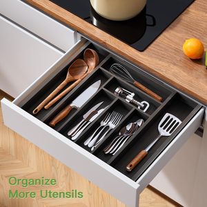 Organizador de cajones de bambú expandible negro natural, bandeja para cubiertos, contenedor para utensilios, para almacenamiento en gabinetes de cocina, venta al por mayor - Product Image 2