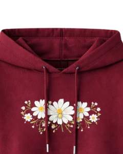 Women <b>Burgundy</b> Crop <b>Hoodie</b> Shorts Set Floral Embroidery Casual Two Piece Outfit Cotton Fleece Lounge Wear Wholesale Manufacturer - Product Image 6