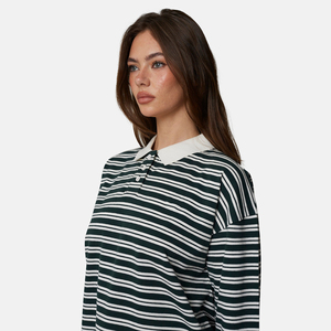 Polo à manches longues rayé pour femme, tricoté, décontracté, motif vert et blanc, longueur normale, manches complètes - Product Image 5