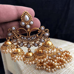 Chandbali Designer Chandelier <b>Earrings</b> with <b>Pearl</b> <b>and</b> <b>Diamond</b> Tassel Jhumka Gungurus - Product Image 1