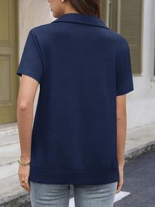 เสื้อโปโลแขนสั้นผู้หญิงสีน้ำเงินกรมท่าผ้าถักเนื้อเรียบลำลองระบายอากาศได้ดี - Product Image 3