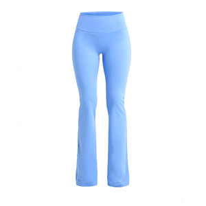 High Waisted <b>Flared</b> Leg Yoga <b>Leggings</b> Solid Color Seamless Full Length Women's Fitness Wear Blue Spandex Nylon Material - Product Image 1
