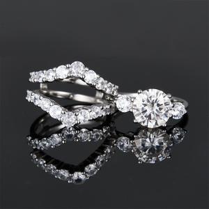3CT Real Moissanite 925 Sterling Silver 3 Stone Engagement <b>Ring</b> Chevron V-shape Enhancer Wrap Guard Wedding Band Bridal Set <b>Ring</b> - Product Image 2