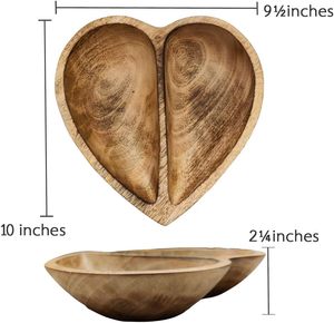 Bol en bois en forme de cœur de 10 pouces, marron, à 2 compartiments, fait main, plateau de service fonctionnel, plat de collection - Product Image 2