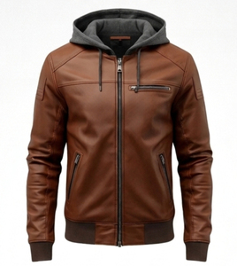 Veste de moto Leon Kennedy RE4 en cuir véritable, col à capuche, coupe-vent, fermeture éclair, taille XS, homme, polyester - Product Image 3