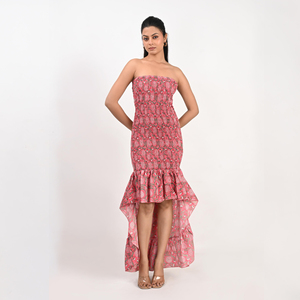 Robe longue sans bretelles à imprimé floral pour femme, robe de plage à volants, robe d'été décontractée bohème, fabricant grossiste - Product Image 1