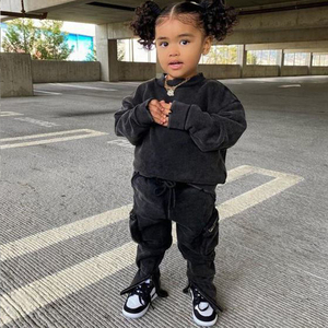 Survêtement noir pour bébés filles, sweat-shirt streetwear à manches longues et col rond avec pantalon à cordon de serrage, couleur unie, coupe ample, vêtements d'automne - Product Image 1