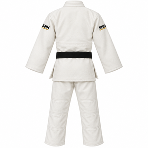 2026 Judo Uniform White 100% Cotton Adult Unisex Durable Martial Arts Gi with <b>Black</b> <b>Belt</b> and Logo on Sleeve - Product Image 2