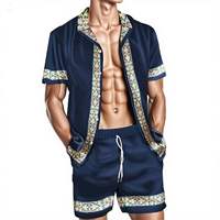 Ensemble 2 pièces pour homme, chemise à manches courtes à col boutonné avec imprimé palmiers tropicaux orange et jaune coucher de soleil, et short assorti, respirant pour l'été