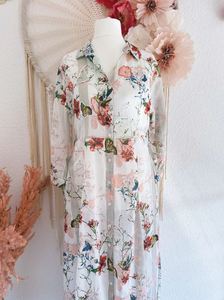 <b>Boho</b> Solid Floral Print Chiffon Shirt <b>Dress</b> Long Sleeve Maxi Loose Fit V-neck <b>Summer</b> Casual Wear Women - Product Image 3