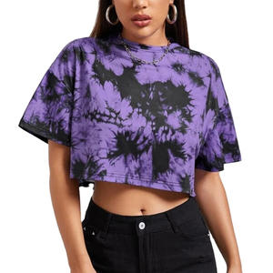 INDEX APPAREL Women's Purple Tie Dye Crop <b>Top</b> Crew Neck Short Sleeve Loose Fit Casual T-Shirt Spring Summer Wear - Product Image 2