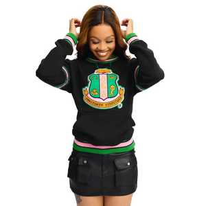 เสื้อสเวตเตอร์ปักลายตัวอักษรกรีกลำลองสวมใส่สบาย, เสื้อคอกลมปักลายแถบกำมะหยี่สีดำสวมใส่สบาย - Product Image 6