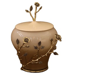 Modern <b>Storage</b> Jar for Home Kitchenware Aluminium & <b>Glass</b> Flower Design Gold Canister Round <b>Storage</b> Boxes Bins Flowers Jars Box - Product Image 1