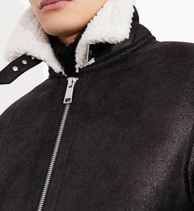 Men's Black Genuine <b>Leather</b> Bomber <b>Jacket</b> Turn-down Collar Zipper Closure Sherpa Lining <b>Winter</b> Wear Regular Fit For Sale - Product Image 3