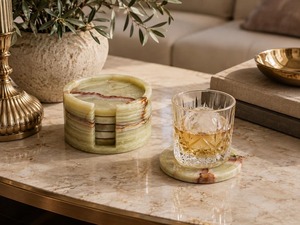 Handmade <b>Green</b> Onyx Marble Bone Inlay <b>Coaster</b> Set with Holder Modern Design 10 CM Diameter-REHMAN CRAFT - Product Image 3