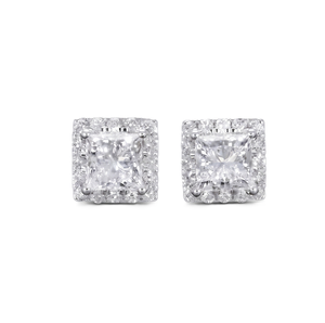 Boucles d'oreilles clous de mariée en or massif 10K 14K 18K, certifiées IGI, avec halo de diamants de laboratoire ronds et taille princesse, couleur DEF, clarté VS VVS - Product Image 1