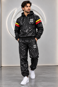 Custom <b>Black</b> Hooded Sauna Suit Men’s Shiny Sweat Tracksuit Half Zip Pullover Jacket Pants <b>Set</b> Thermal <b>Gym</b> Training Fitness Wear - Product Image 4