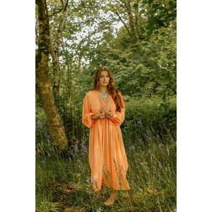 <b>Boho</b> Orange Maxi <b>Dress</b> For Women Loose <b>Long</b> Sleeve Cotton Sundress Vintage Hippie Festival Caftan - Product Image 1