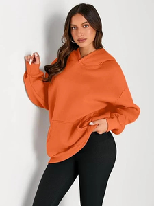 Sweat-shirt à capuche oversize pour femme, couleur unie, épaules tombantes, manches longues, mélange de coton tricoté, hiver, logo frontal, tenue décontractée - Product Image 5