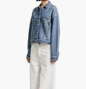 Wholesale <b>Women's</b> Distressed <b>Cropped</b> Denim Jacket Washed Blue Frayed Hem Long Sleeve Casual <b>Jean</b> Coat - Product Image 5