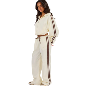 Womens Cropped Full <b>Zip</b> Hooded Tracksuit Set Contrast <b>Side</b> Stripe Wide Leg <b>Trousers</b> Loose Fit Two Piece Streetwear Lounge Outfit - Product Image 4