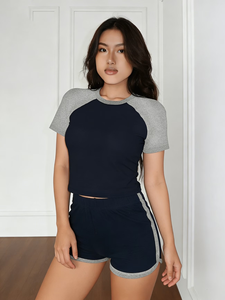 Women's Couple Loungewear Set Solid Color Jersey Short Sleeve Top Elastic Waist Shorts Loose Breathable Eco-friendly GOTS - Product Image 2