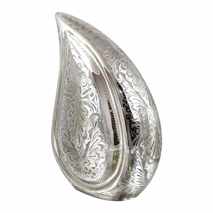 Elegant Hand-Carved Silver <b>Aluminium</b> Teardrop Funeral Urn Traditional Vintage Engraved Floral Motif Ashes Jar <b>Container</b> - Product Image 1
