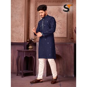 LOOK RICHE SOIE BRODERIE SEQUENCE TRAVAIL HOMME KURTA PYJAMA BLEU MARINE - Product Image 5