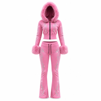 Ensemble de survêtement personnalisé respirant pour femme, style Hip Hop, avec capuche et poignets ornés de strass, pantalon évasé à imprimé tribal rose et noir
