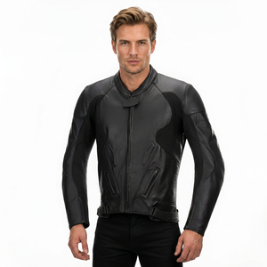 <b>Men's</b> Black Leather <b>Jacket</b> Stand Collar Zipper Windproof Slim Fit Style Autumn Wear - Product Image 3