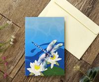 Carte de vœux avec modèle 3D pop-up de libellule et de fleur de lys aquatique